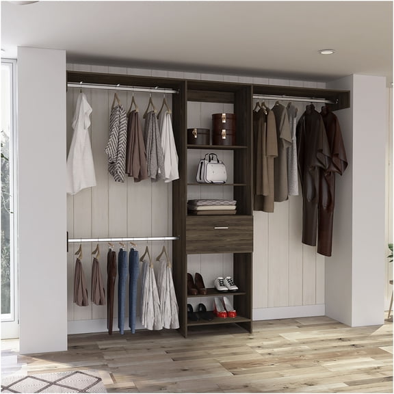 JERFIT 5-Tier Open Shelf Closet Organizer with Drawer & Hanging Rods, Brown Melamine Particle Board Freestanding Wardrobe Storage Cabinet for Bedroom