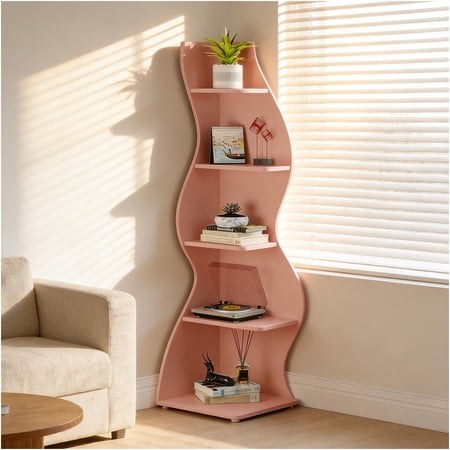 JERFIT 5-Tier Pink Corner Shelf, MDF Bookcase with Sea Grass Design, Freestanding Storage Rack for Small Spaces