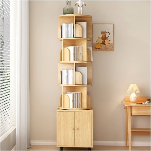 JERFIT 5-Tier Rotating Bookshelf, 360 Swivel Corner Bookcase with Storage Drawer, Space-Saving Floor Standing Organizer Rack for Living Room, Bedroom, Natural Wood Finish