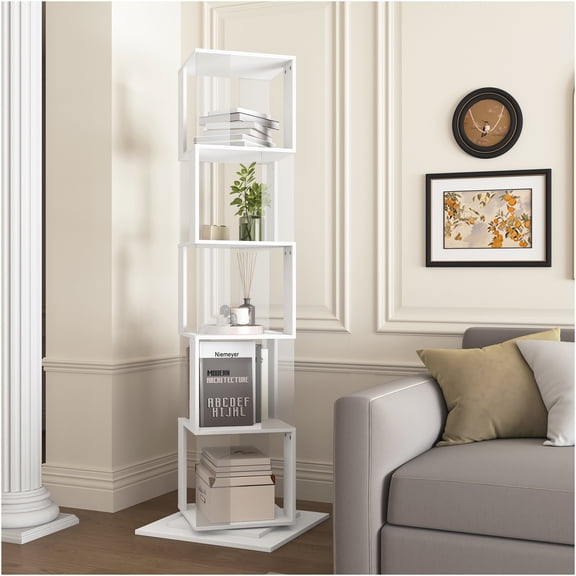 JERFIT 5 Tier Rotating Bookshelf with Acrylic Shelves, 360-Degree Spinning Floor Bookcase, Multi-Functional Organizer Rack for Living Room, Office, Study, White