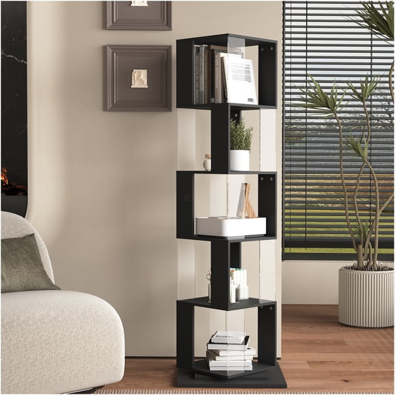 JERFIT 5-Tier Rotating Bookshelf with Acrylic Shelves, 360-Degree Spinning Floor Bookcase Organizer with Anti-Tip Base, Space Saving Storage Rack for Living Room, Office, Study, Black