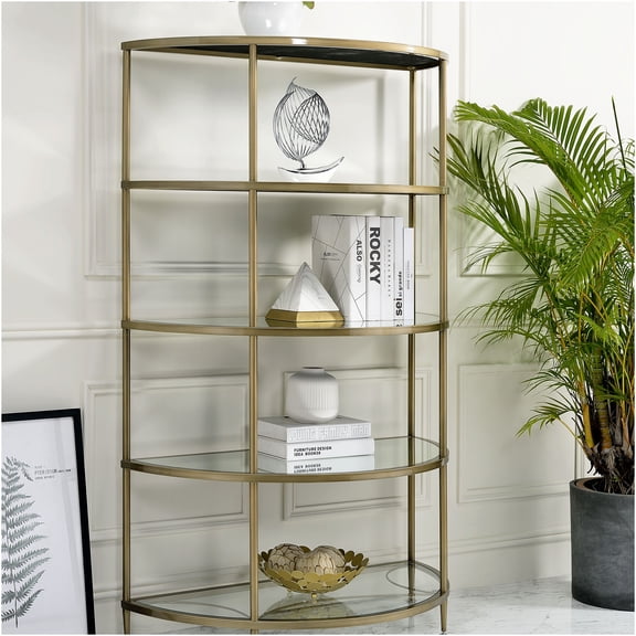 JERFIT 5-Tier Semicircle Corner Shelf, Mirrored Glass Display Rack, Metal Frame Stand for Living Room, Bedroom, Bathroom