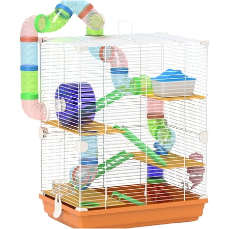 JERFIT 5-Tier Small Animal Cage with Tubes, Exercise Wheel, Water Bottle & Carry Handle, Metal Hamster Habitat for Gerbils, Orange