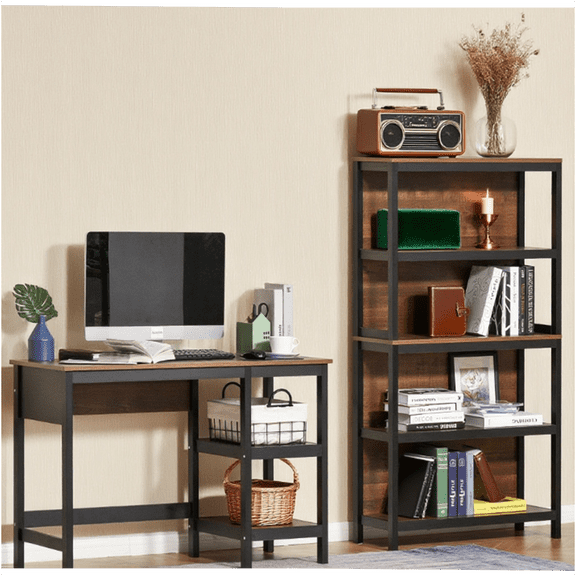 JERFIT 5-Tier Storage Bookshelf, Industrial Ladder Shelf Organizer Rack with Anti-Tip Wall Anchor, Black