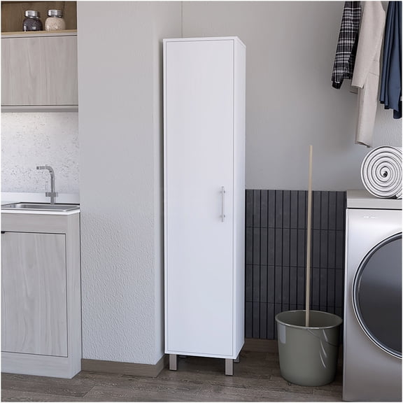 JERFIT 5-Tier Storage Cabinet with Door, White Laundry Organizer Shelf for Bathroom, Kitchen, Closet, Pantry