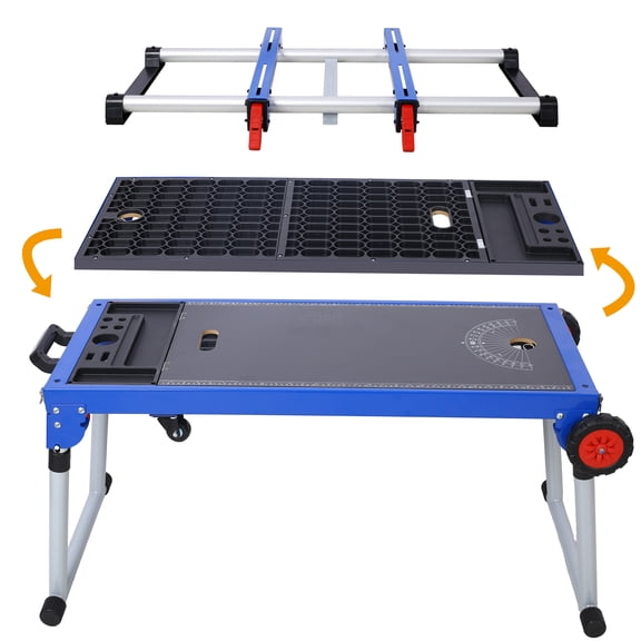 JERFIT 5-in-1 Folding Miter Saw Stand Workbench, Portable Work Table with Quick Lock Latches, Heavy-Duty Steel Frame, Swivel Casters & Non-Slip Wheels for Woodworking and Construction