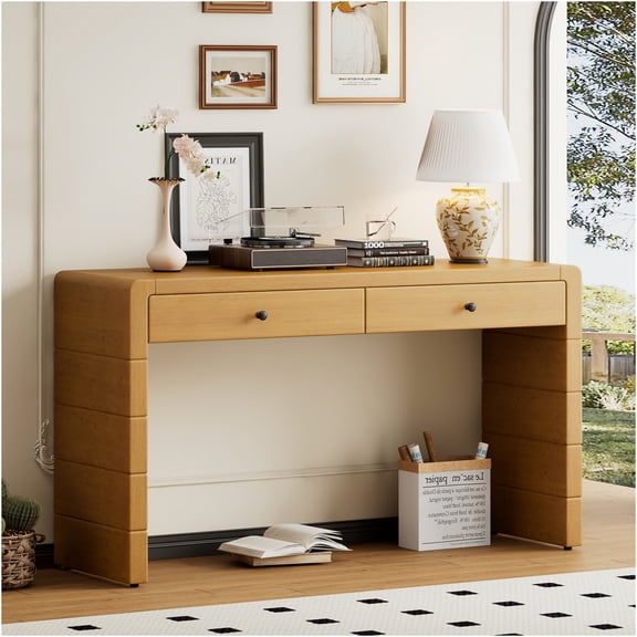 JERFIT 50" Curved Console Table with 2 Drawers, Farmhouse Entryway Table with Storage for Hallway, Living Room, Rustic Wood Finish, Natural