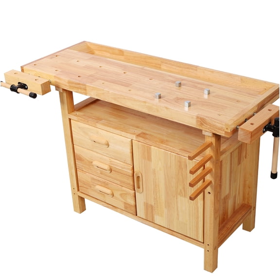JERFIT 50-Inch Heavy Duty Wood Workbench with 3 Drawers and Cabinet, Solid Rubberwood Garage Work Table for Woodworking, DIY Projects