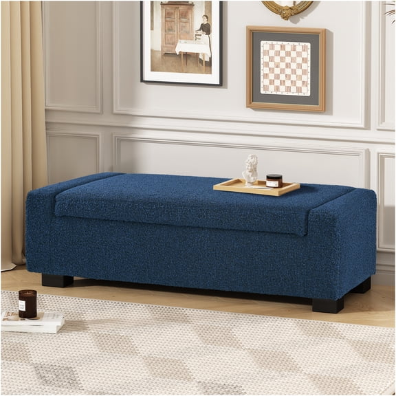 JERFIT 50 Inch Upholstered Storage Ottoman Bench with Lift Top Lid, Blue Fabric Foot Rest Stool for Living Room, Bedroom Entryway