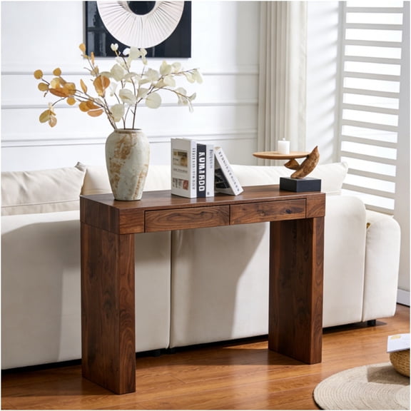 JERFIT 50 inch Walnut Bar Table with Drawers, MDF Counter Height Desk for Kitchen, Dining Room & Home Office, Modern Wood Grain Finish