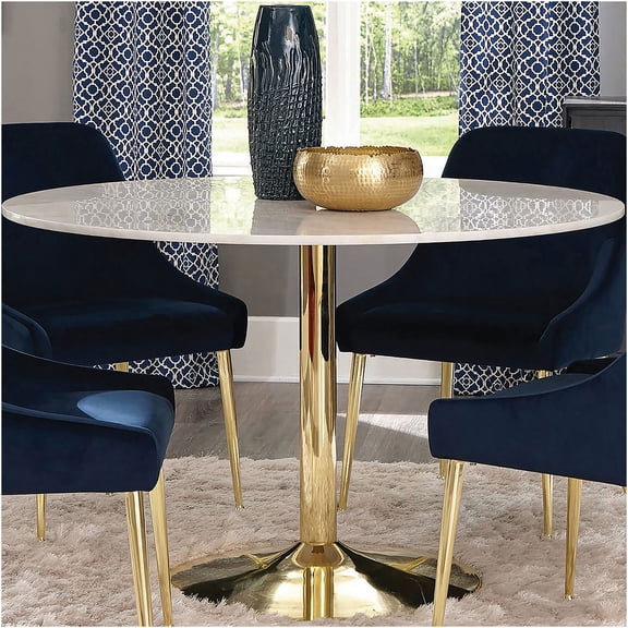 JERFIT 50-inch White Marble Top Round Dining Table with Brass Metal Pedestal Base for 4, Modern Kitchen Breakfast Room