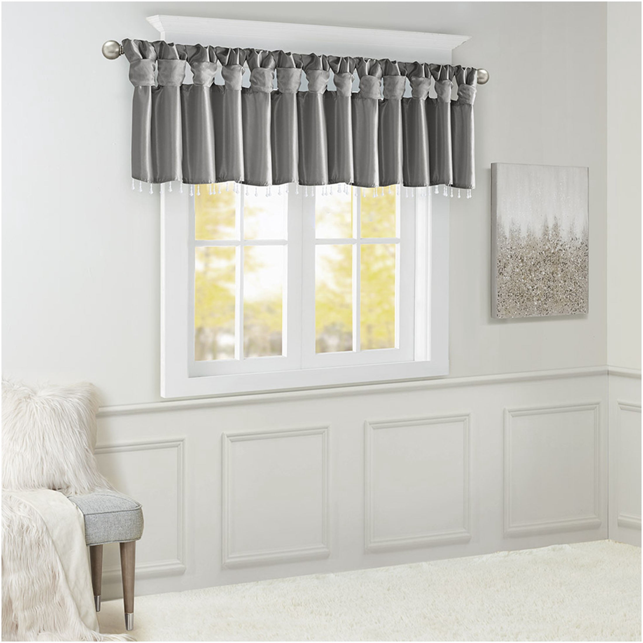 JERFIT 50x26 Inch Charcoal Blackout Window Valance, Faux Silk Curtain Valance with Beaded Trim, Lined Room Darkening Valances for Bedroom Living Room