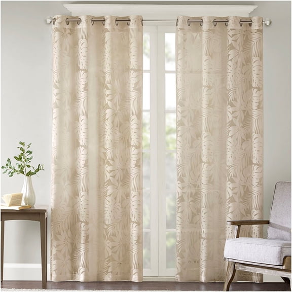 JERFIT 50x95 Inch Tropical Palm Leaf Sheer Curtain Panel, Multicolor Burnout Design, Grommet Top, Light Filtering, OEKO-TEX Certified