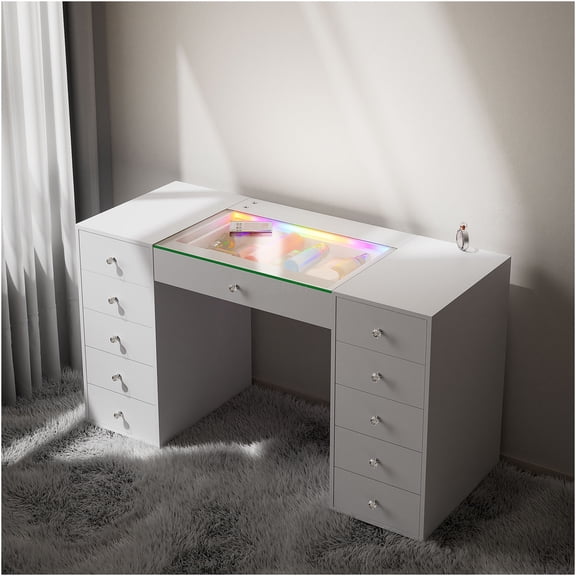 JERFIT 51.2 Inch Modern Makeup Vanity Desk with RGB Lights, 11-Drawer Glass Top Dressing Table with Touch Control for Bedroom, Light White