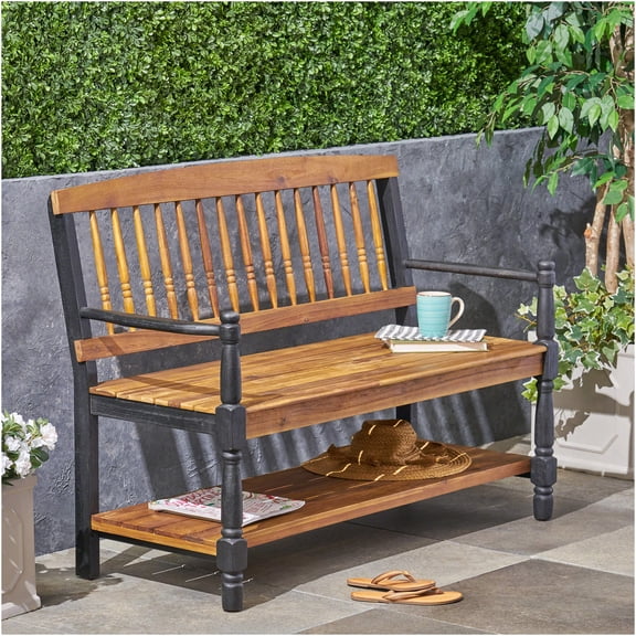 JERFIT 51" Farmhouse Storage Bench with Shelf, Teak Finish Acacia Wood Entryway Bench for Hallway, Living Room