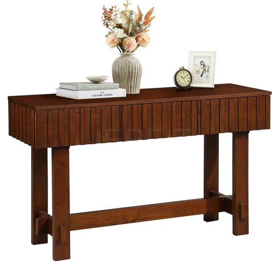 JERFIT 52" Console Table with Drawers, Cherry Sofa Table for Living Room Entryway, Farmhouse Fluted Design Storage Hallway Table with Solid Wood Legs