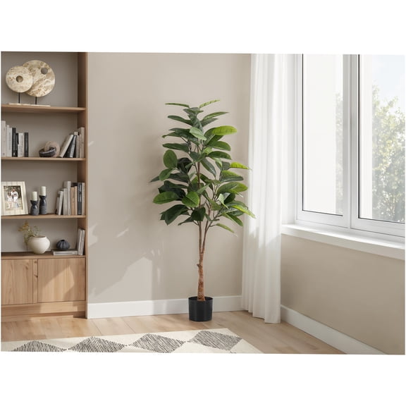 JERFIT 52 Inch Artificial Rubber Tree Plant in Pot, Real Touch Faux Indoor Floor Plant with Green Leaves, No Maintenance Fake Tree for Home Office Decor