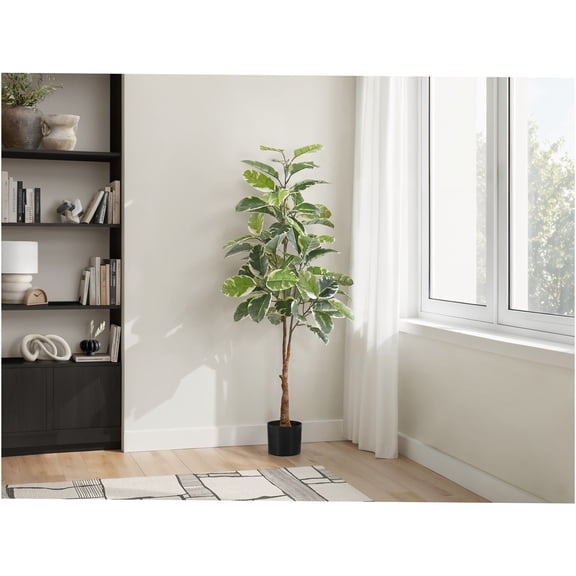 JERFIT 52 Inch Faux Rubber Tree Plant in Pot, Real Touch Artificial Floor Plant for Indoor Home Office Decor, No Maintenance Fake Tree with Green Leaves