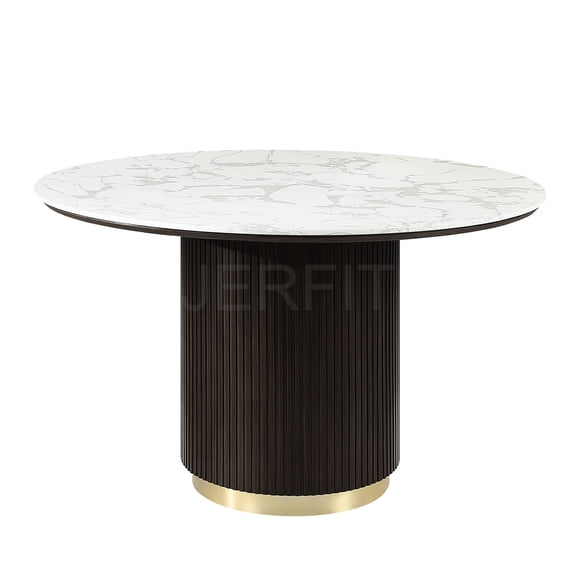 JERFIT 52 inch Round Dining Table for 6, Modern White Marble Top with Espresso Wood Base and Gold Center Leg, Kitchen Table