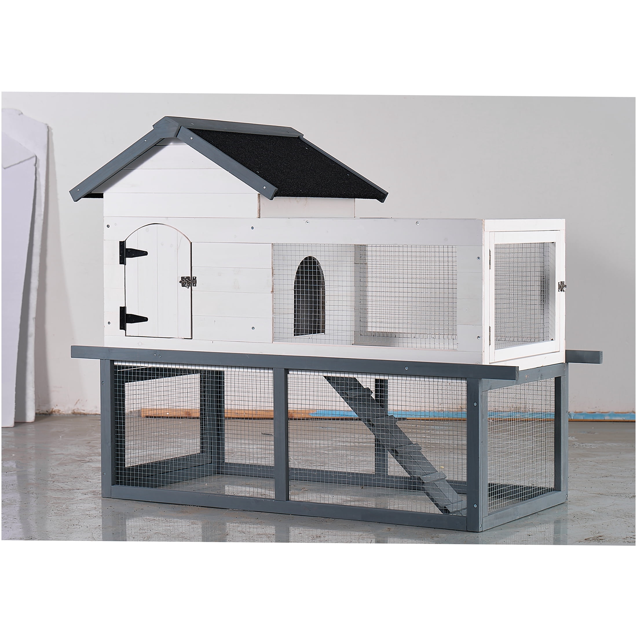 JERFIT 53 Inch Large 2-Story Wooden Chicken Coop Rabbit Hutch with Waterproof Asphalt Roof, Ramp & Pull-Out Tray for Outdoor/Indoor Use