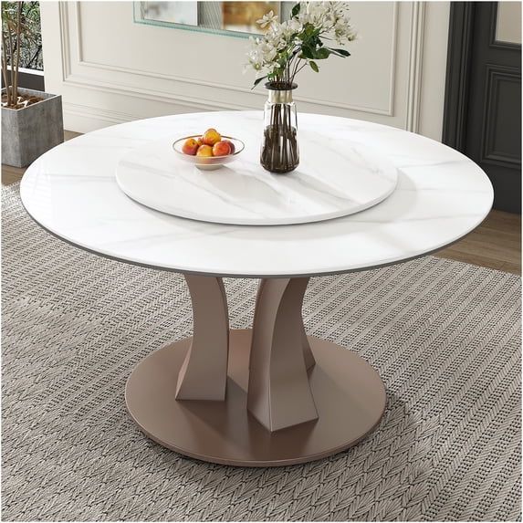 JERFIT 53 inch Round Dining Table with Lazy Susan, White Sintered Stone Kitchen Table for 8-10 Seats, Modern Industrial Restaurant Table with Heat & Scratch Resistant Top