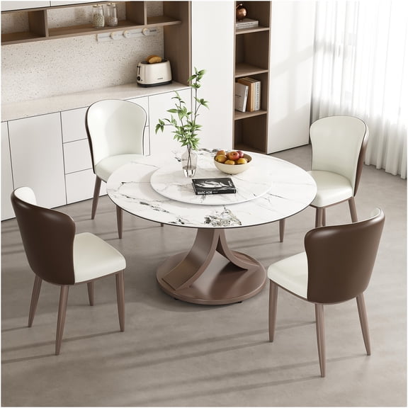JERFIT 53-inch Round Dining Table Set with Lazy Susan, White Sintered Stone Top, Heat & Scratch Resistant, for Kitchen & Dining Room, Includes 4 Chairs