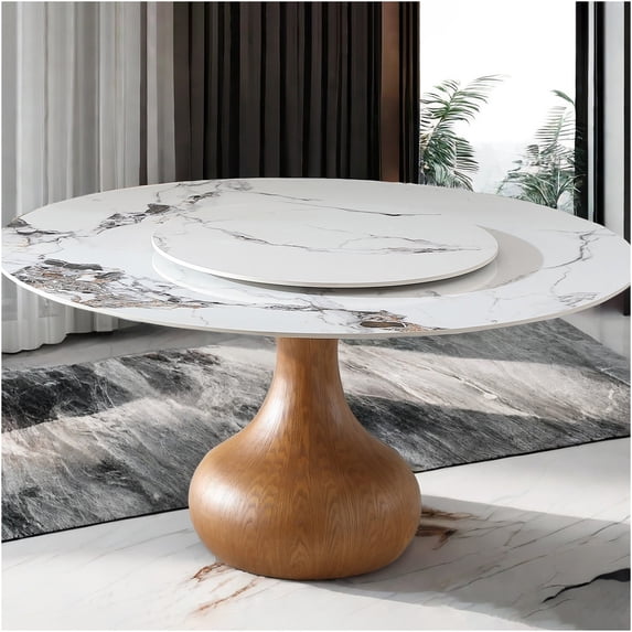 JERFIT 53-inch Round Dining Table with Lazy Susan, Modern Faux Marble Top, Walnut & White Finish, Space-Saving Design for Kitchen and Dining Room