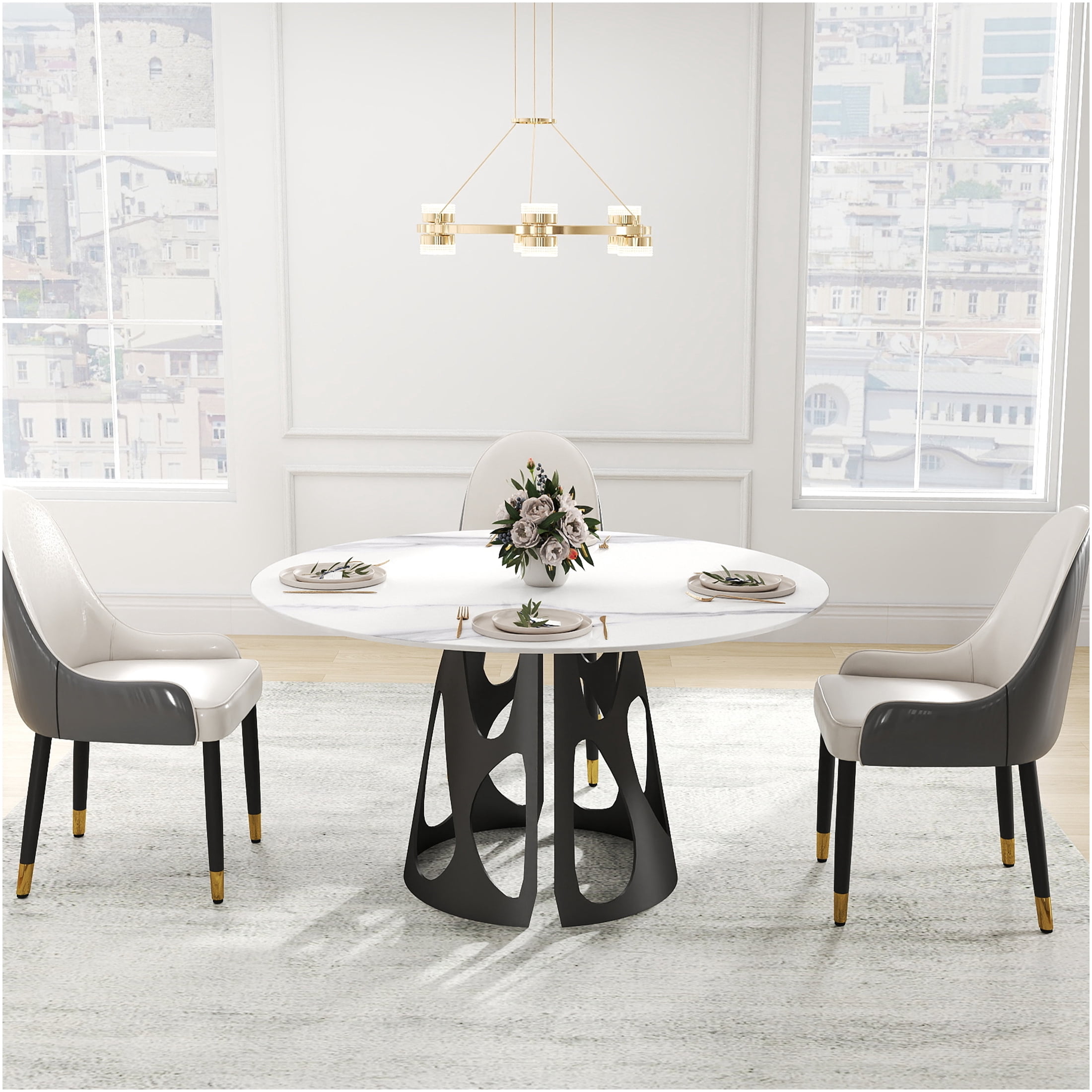 JERFIT 53 inch Round Sintered Stone Dining Table for 6 with Black Metal ...