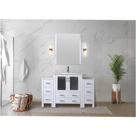 JERFIT 54 Inch White Bathroom Vanity Set with Sink, Soft Close Cabinets & Drawers, Ceramic Countertop, Chrome Faucet Included
