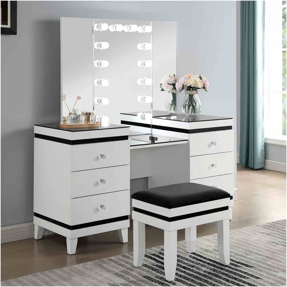 JERFIT 54" Modern Vanity Set with Tri-Fold Mirror, 14 LED Bulbs, Upholstered Stool, 5 Drawers, Black & White Finish for Bedroom