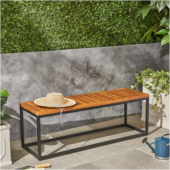 JERFIT 54" Outdoor Bench, Teak Acacia Wood & Black Iron Modern Garden Patio Bench for Seating