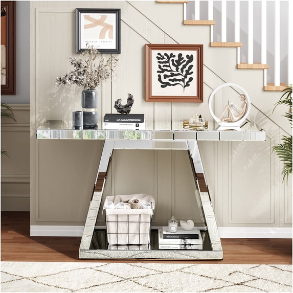 JERFIT 55.9 Inch Silver Modern Entryway Console Table with Full Body Mirror, Open Shelf Storage for Hallway, Living Room & Bedroom
