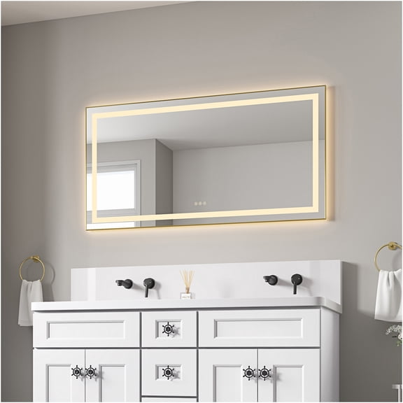 JERFIT 55 Inch Brushed Gold LED Bathroom Mirror with Anti-Fog, Dimmable Backlight, Memory Function, Aluminum Frame for Vanity