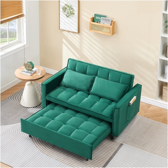 JERFIT 55 Inch Green Velvet Convertible Sofa Bed with Side Pockets, 2-Seater for Living Room, Guest Room