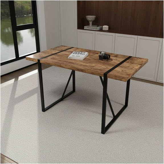 JERFIT 55 Inch Modern Farmhouse Dining Table for 4-6 People, Industrial Rectangular Dark Wood Design Tabletop with Black Metal Legs for Kitchen Dining Room