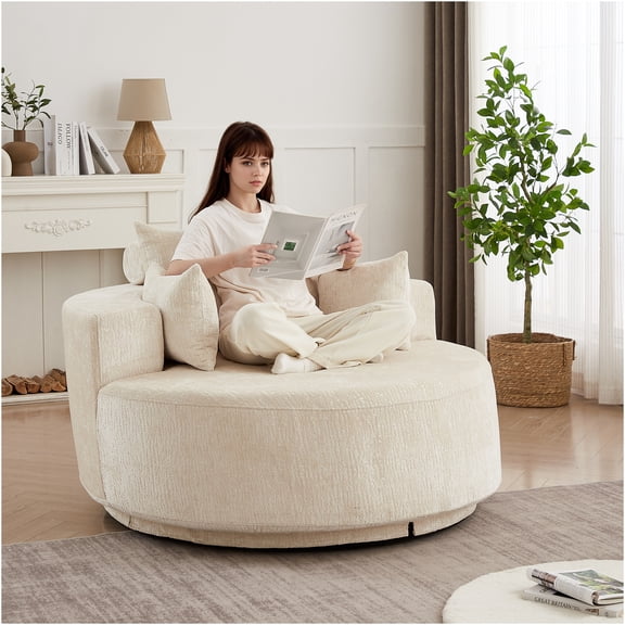 JERFIT 55 Inch Modern Swivel Chair, Plush Chenille Single Sleeper Chair with 360 Rotation for Living Room, Bedroom, Lounge in Beige