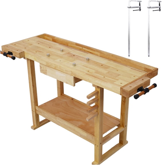 JERFIT 55 Inch Rubber Wood Workbench with 2 Heavy Duty F Clamps, Garage Work Table with Storage Drawer & Adjustable Handles
