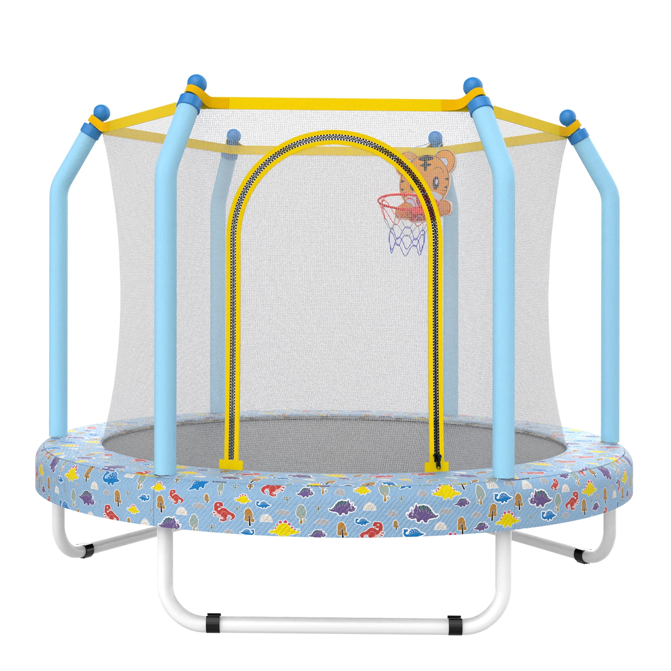 JERFIT 55" Kids Trampoline with Basketball Hoop, ASTM Certified Indoor/Outdoor Jungle Themed Bouncer for Toddlers with Safety Enclosure Net