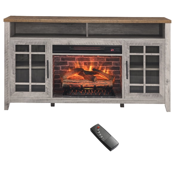 JERFIT 55 inch Gray Wash TV Stand with Electric Fireplace Heater, Media Console with Tempered Glass Doors & Storage Cabinets for Living Room