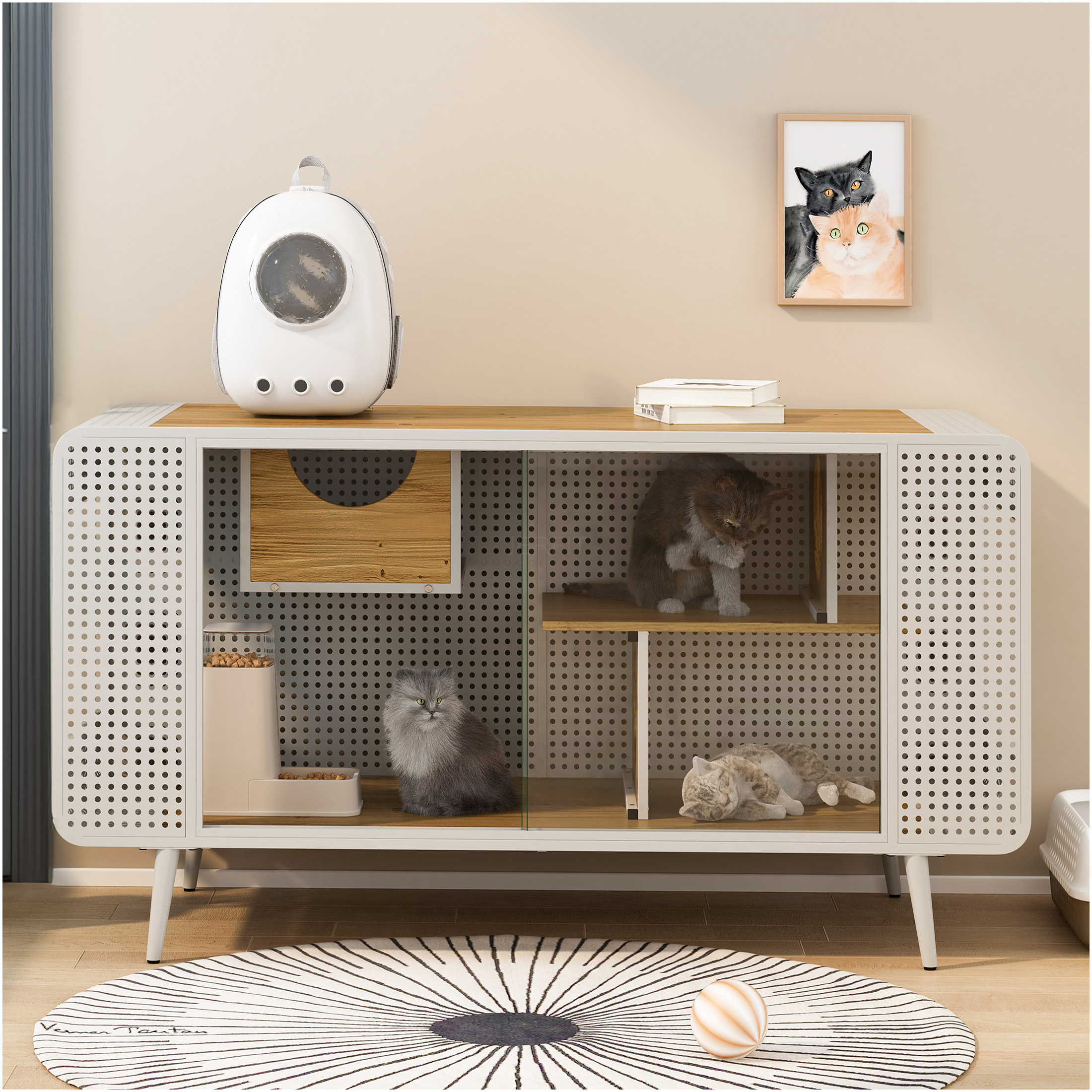 JERFIT 55 inch Modern Cat House Enclosure with Glass Doors, Multi-Level ...