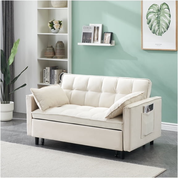 JERFIT 55 inch Velvet Convertible Sofa Bed with Storage, 3-in-1 Sleeper for Small Spaces, Beige