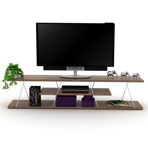 JERFIT 56 inch Modern TV Stand with 4 Open Shelves, Walnut Wood Entertainment Center for Living Room, Mid-Century Design TV Console with Metal Frame