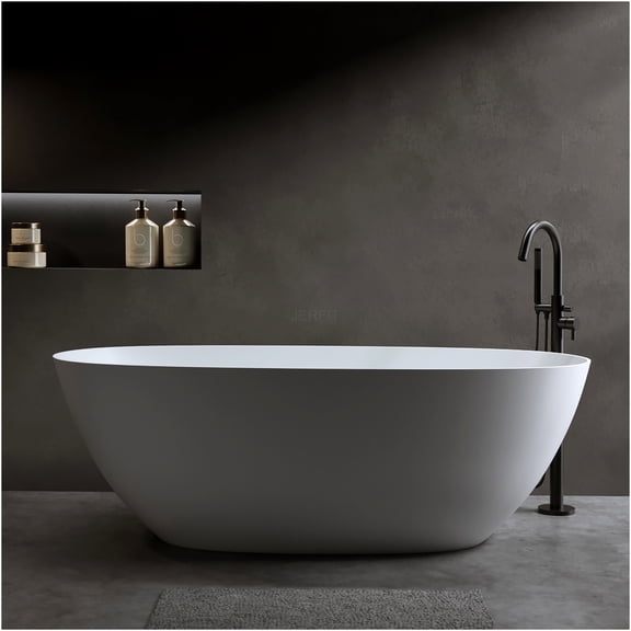 JERFIT 57" Oval Freestanding Bathtub, Solid Surface Soaking Tub with Overflow & Pop-Up Drain, Matte White Stone Resin Deep Soaker Tub for Bathroom