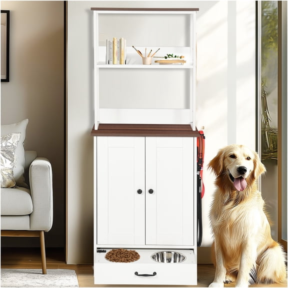 JERFIT 58" Pet Feeding Station with Storage, Adjustable Height Dog Bowls Stand with Pull-Out Drawer, Dual-Level Shelves for Cat Dog Food & Supplies, Dark Brown & White