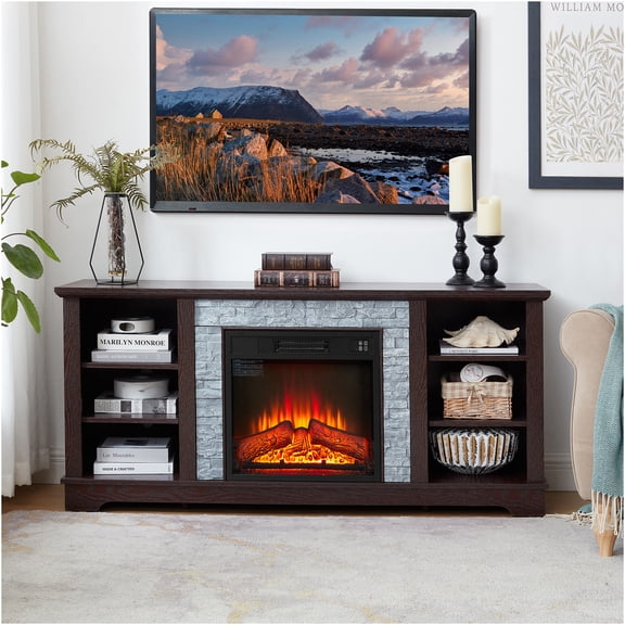 JERFIT 58 inch Cherry Electric Fireplace TV Stand with Mantel, Faux Stone Media Console with Heater, Remote Control, for TVs up to 65 inch