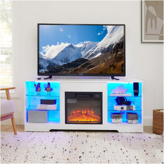 JERFIT 58 inch Electric Fireplace TV Stand with Heater, Modern TV Console with Glass Shelves, USB Charging Ports, LED Realistic Flame for TVs up to 65 inch, White
