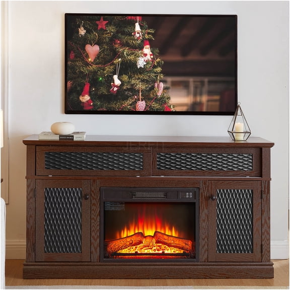 JERFIT 58-inch Fireplace TV Stand with Heater, Embossed Media Console with Remote, Storage Cabinets for Living Room, Bedroom, Cherry Finish