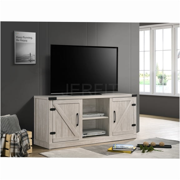 JERFIT 58 inch Modern TV Stand with Storage Cabinets for TVs up to 63 inch, Rustic Gray Media Console with Barn Doors & Open Shelves
