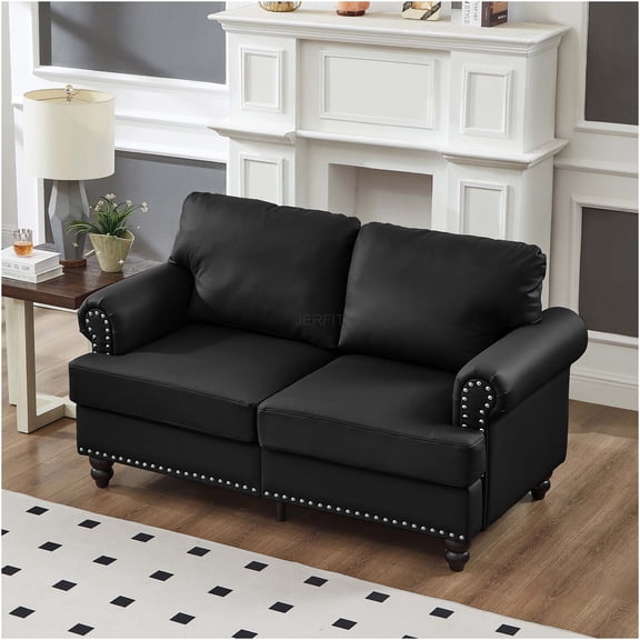 JERFIT 59.5" Modern Loveseat Sofa with Storage, Classic Faux Leather Upholstery, Tufted Nail Trim, and Solid Wood Frame for Living Room, Apartment