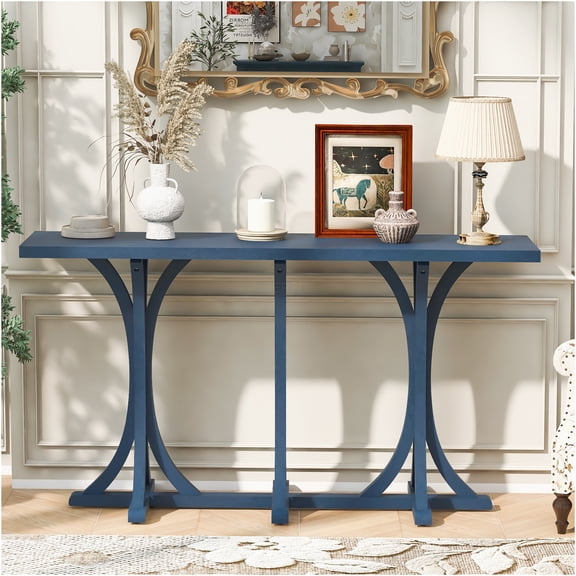 JERFIT 59.8" Navy Blue Console Table with Oak Veneer Top, Farmhouse Sofa Table with Curved Legs for Entryway, Living Room, Hallway